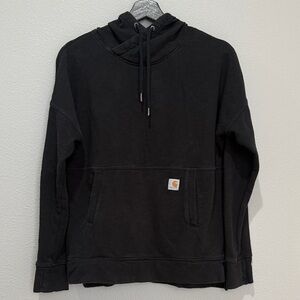 Carhartt Woman XS Relaxed Fit Black Cowl Neck Hoodie Kangaroo Pocket Thumb Holes